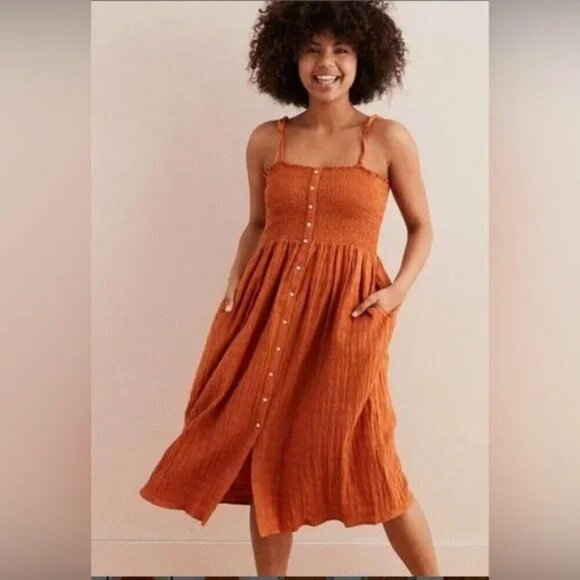 Women's Terra Cotta  Shoulder Tie Skater Smocked Button Front Mini Boho Dress - Picture 1 of 10